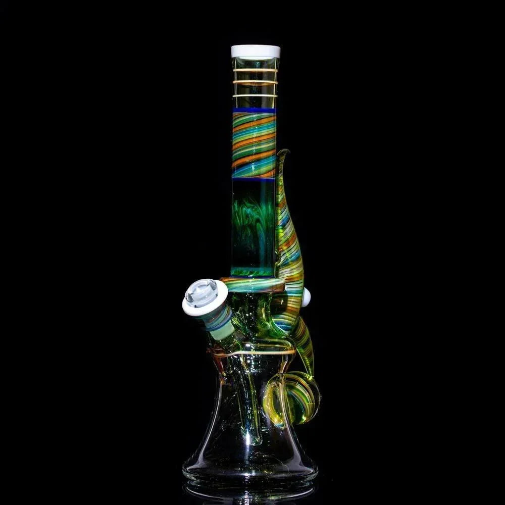 Colorful striped glass bong with green swirls and percolator, heady glass art piece