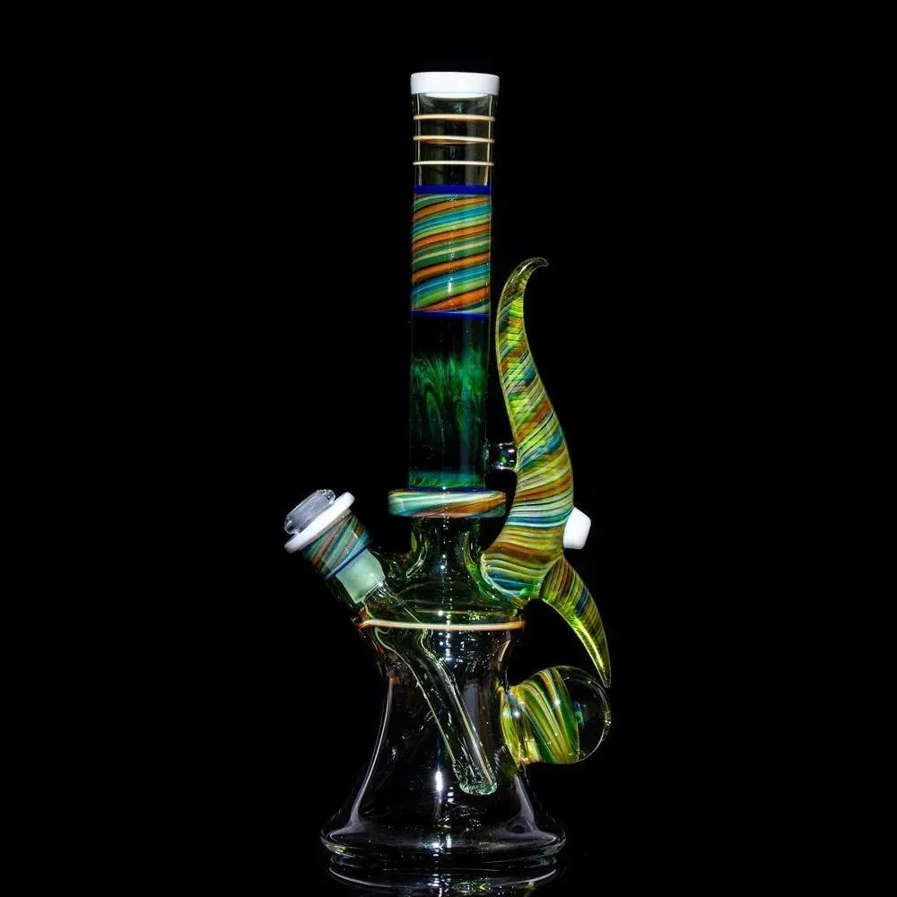 Colorful striped glass bong with swirls and curved arm, heady glass piece for smoking