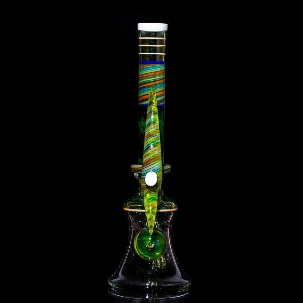 Colorful heady glass bong with swirls and green base, perfect for vaporizers and premium smoking accessories.