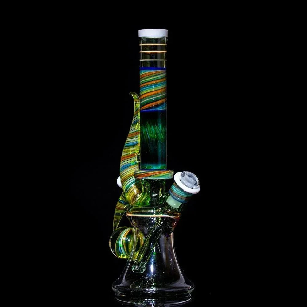 Colorful striped heady glass bong with intricate swirls and percolator, set against black background