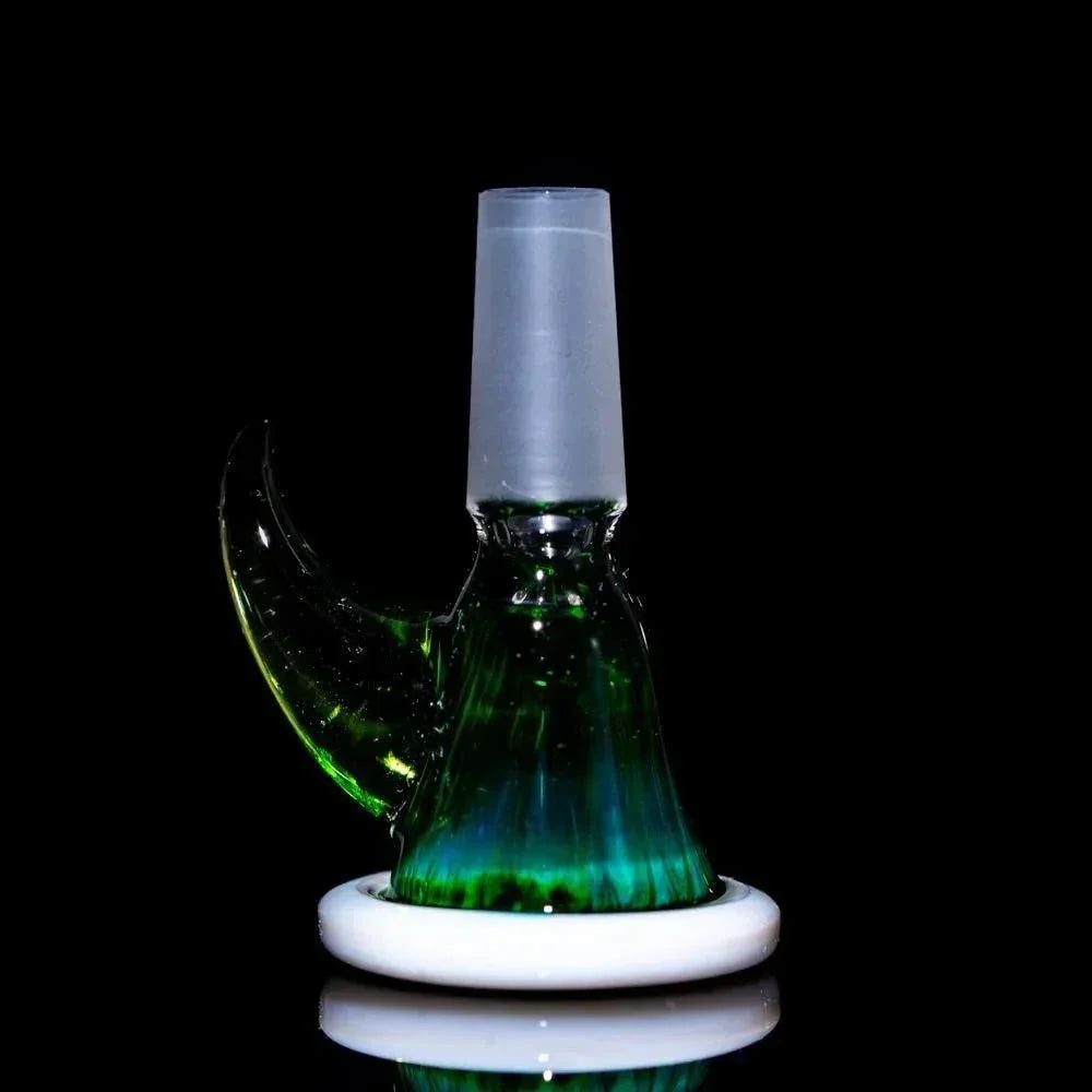 Vibrant green glass bong with curved arm and frosted mouthpiece, showcased against black background