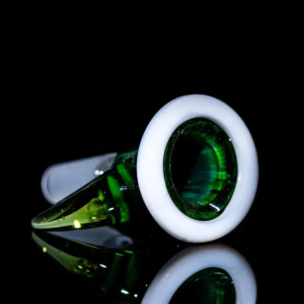 Green and white glass pipe bowl with reflective surface, showcasing heady glass craftsmanship