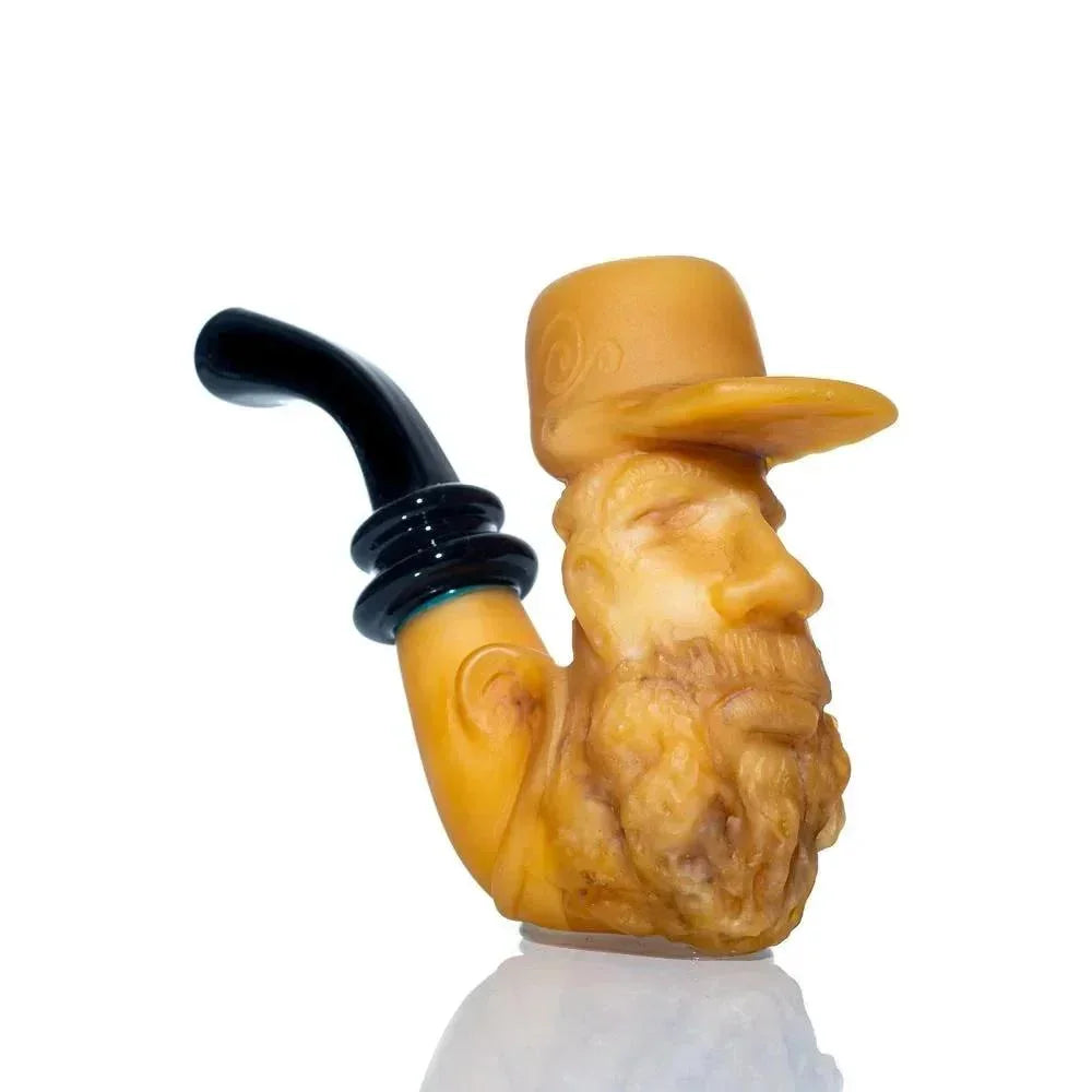 Handcrafted glass pipe shaped like an old man’s bearded face with a hat, bent black stem.