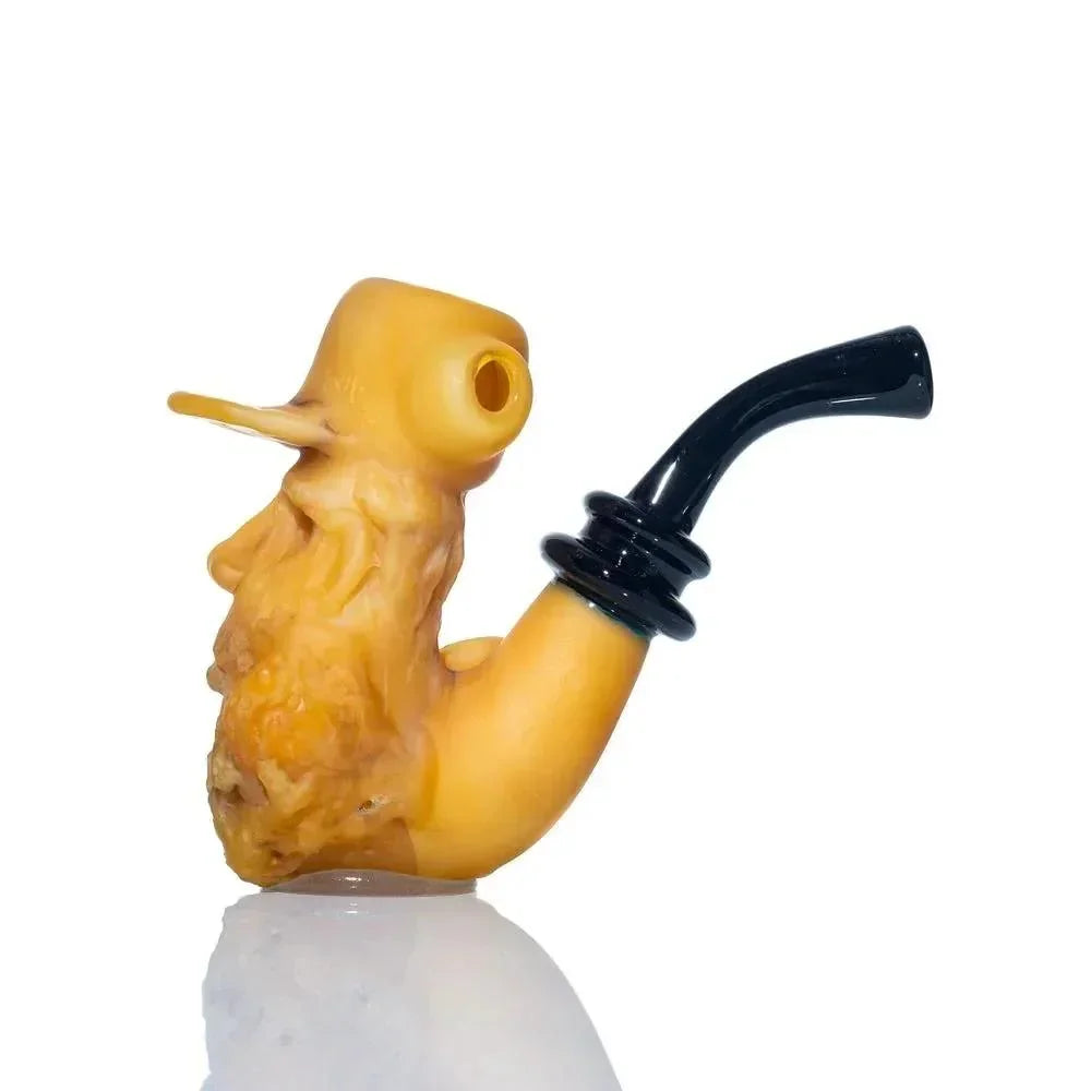 Glass hand pipe shaped like an old man's face with a beard and hat, curved black stem.