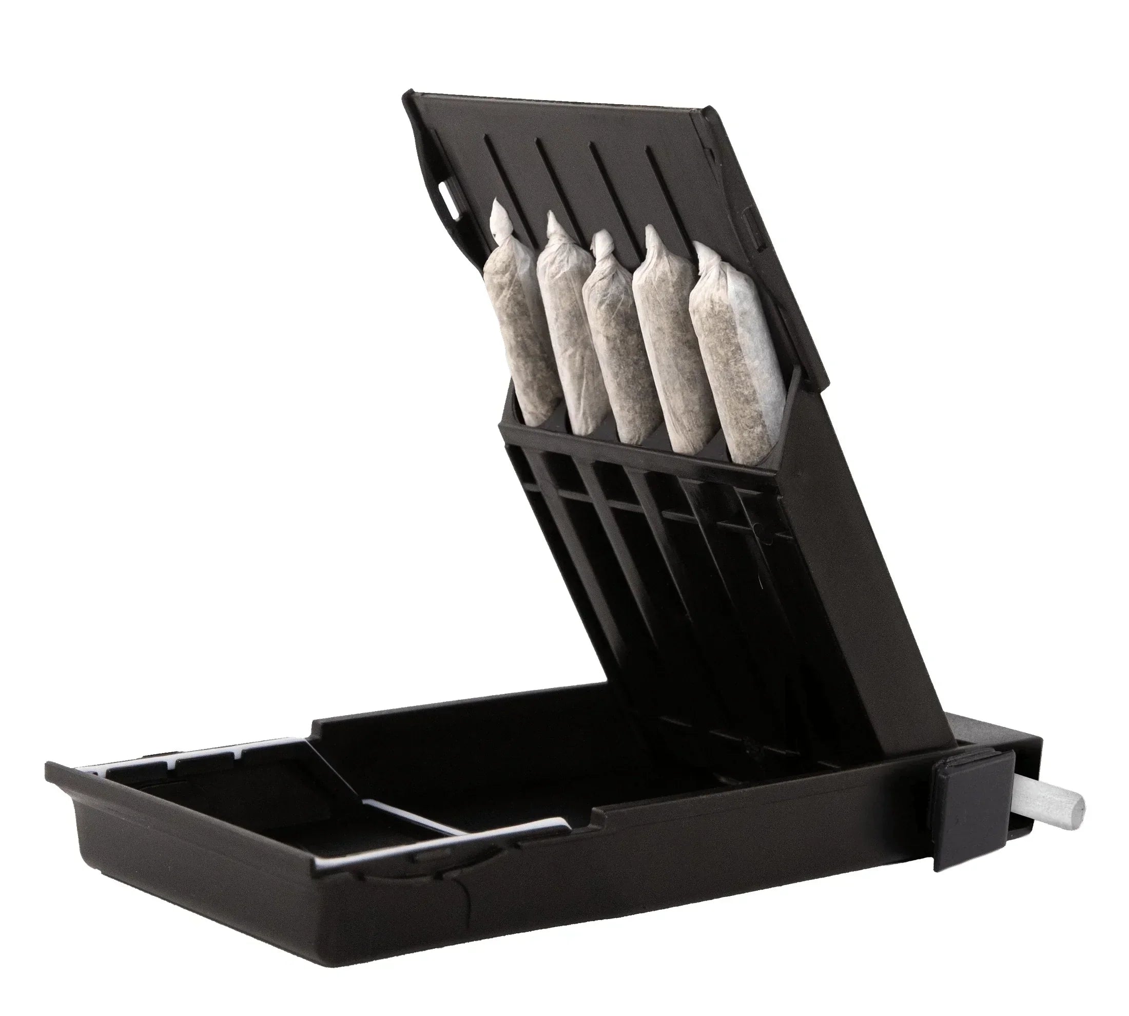 Black joint case open showing five pre-rolls and storage compartments