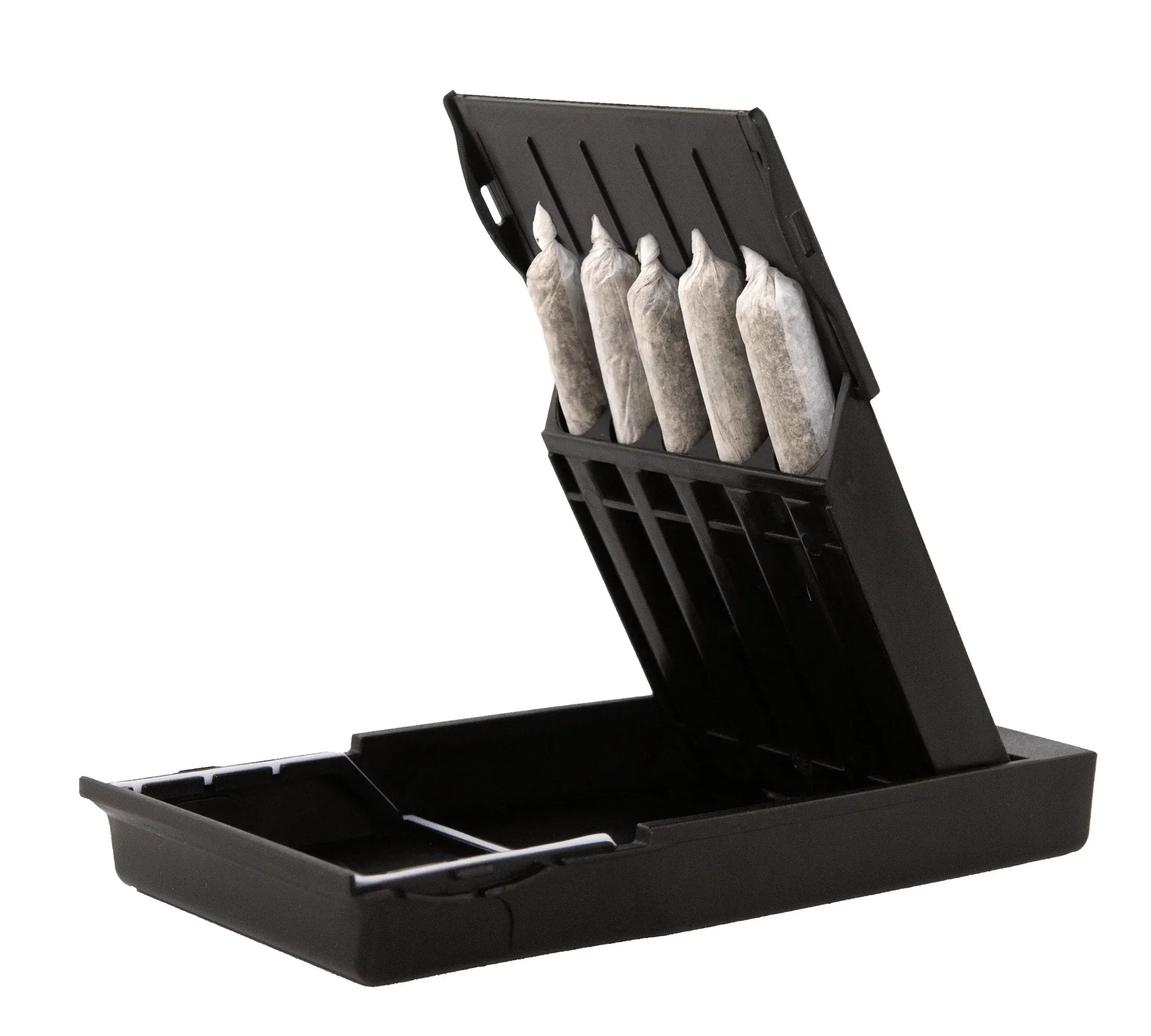 Black joint case open displaying five pre-rolled cones in individual slots