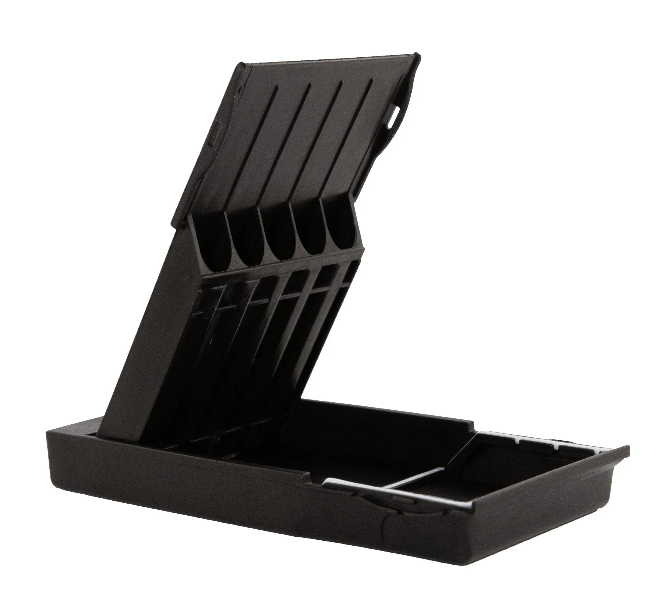 Open black storage case with compartments for smoking accessories