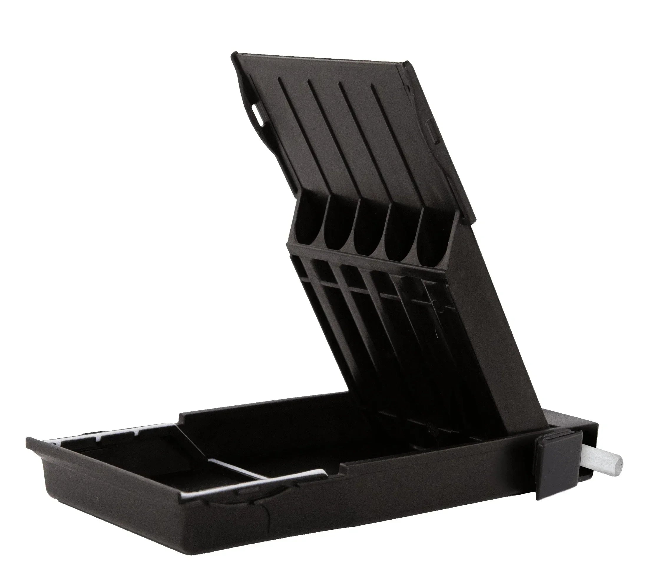 Black portable rolling case with open lid and storage compartments