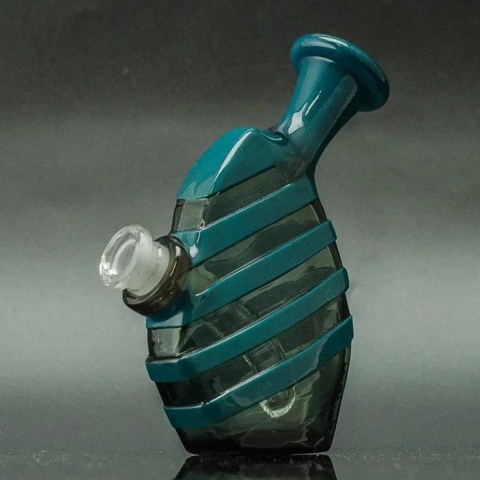 Teal and clear glass pipe with spiral design, heady glass art for smoking accessories