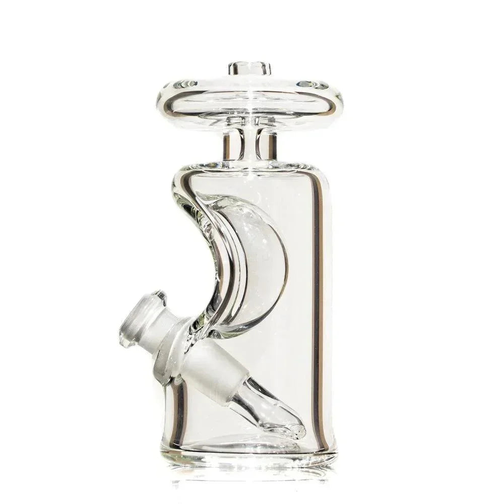 Clear glass water pipe with unique curved design and wide mouthpiece on white background