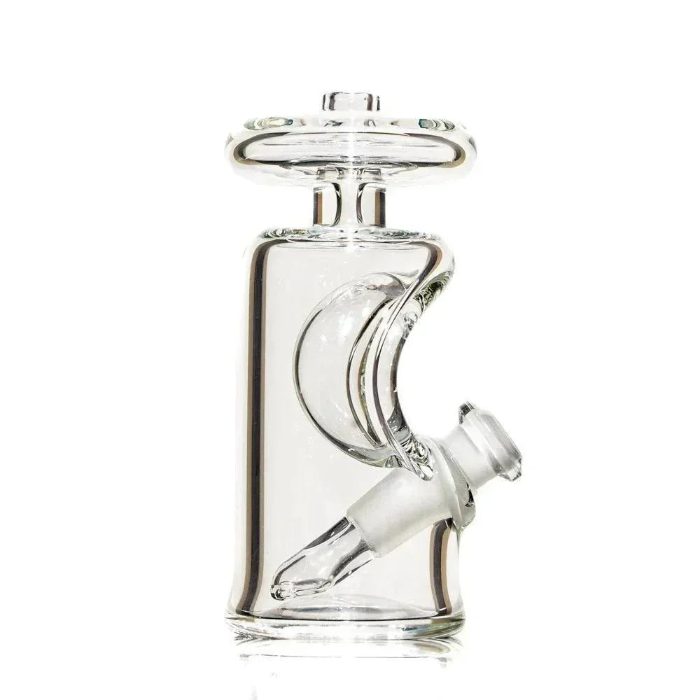 Clear glass recycler water pipe with unique curved design on a white background