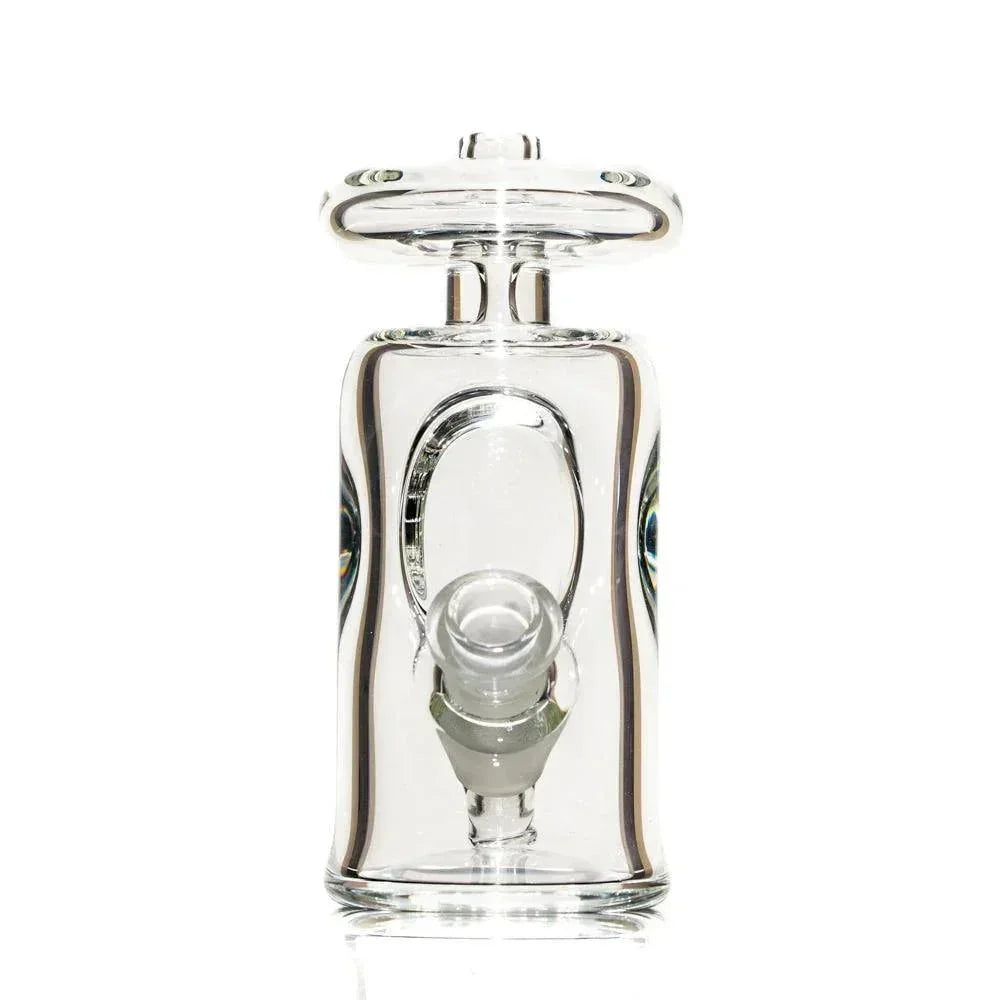 Clear glass water pipe with cylindrical body and wide disc-shaped mouthpiece