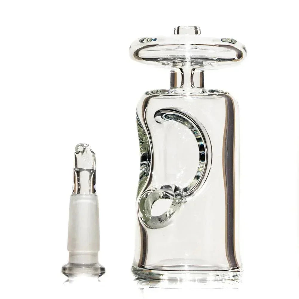 Clear glass water pipe with intricate internal recycler design and removable glass downstem.