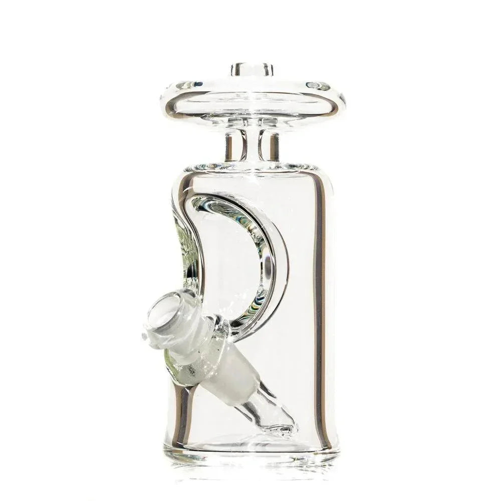 Clear glass water pipe with unique handle and angled joint on white background