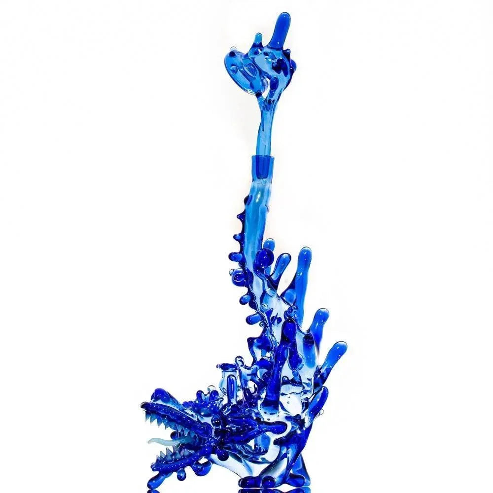 Blue glass bong with dragon design, heady glass art piece for smoking accessories