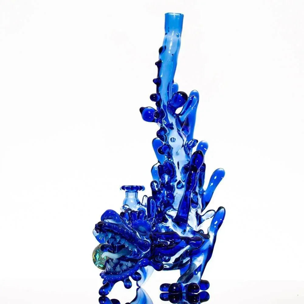 Blue heady glass bong with intricate bubble details and artistic design