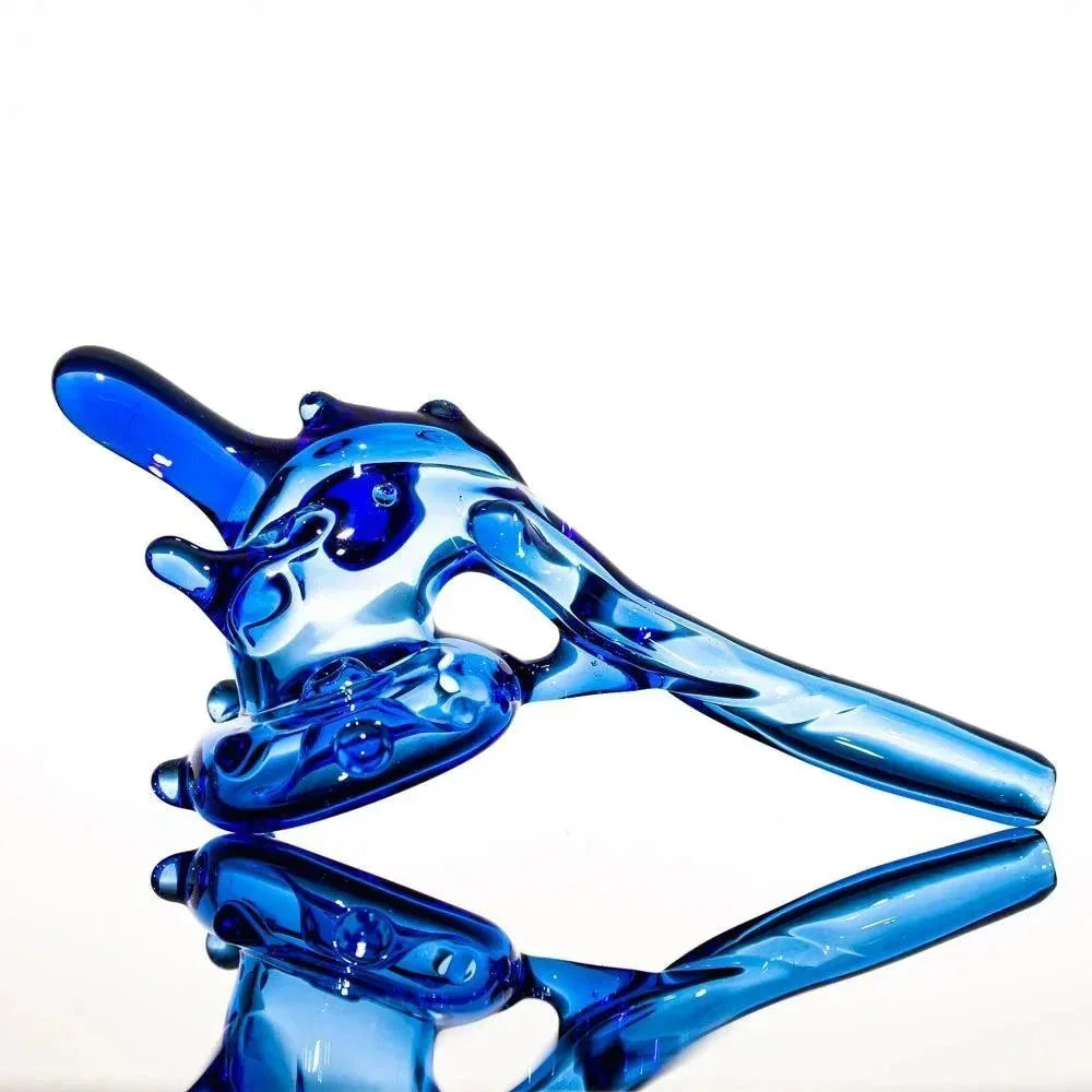 Blue heady glass pipe with intricate design, reflective surface, premium smoking accessory