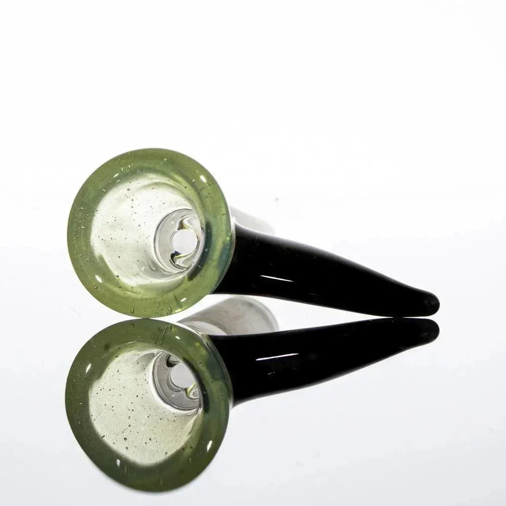 Pastel green glass 14mm single hole slide accessory with black handle on white background