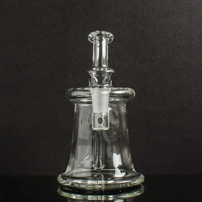 Clear glass dab rig with bell-shaped base and inline percolator, ideal for vaporizers and heady glass collections