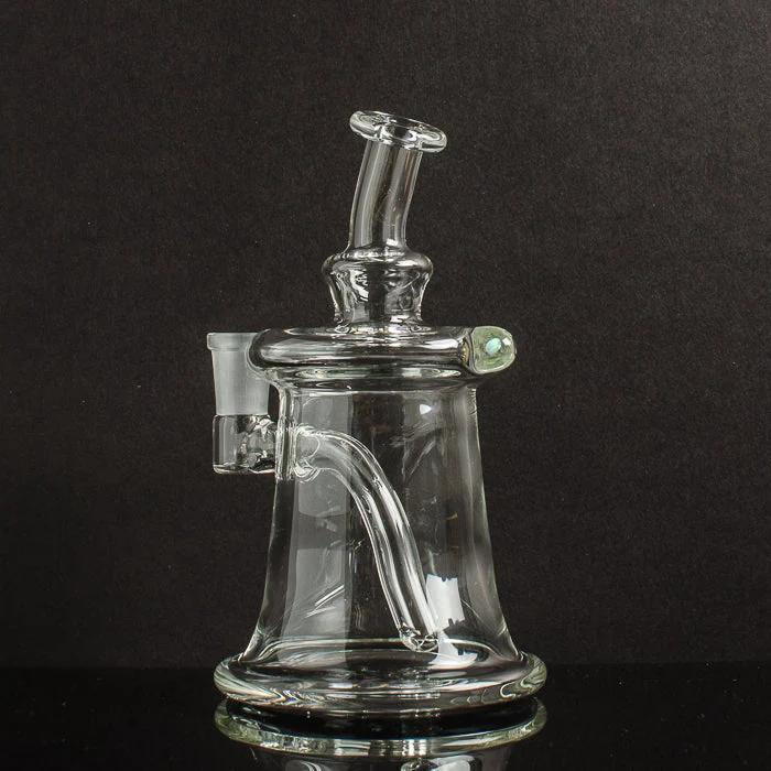 Clear glass bong with curved arm and green accent, ideal for heady glass collections