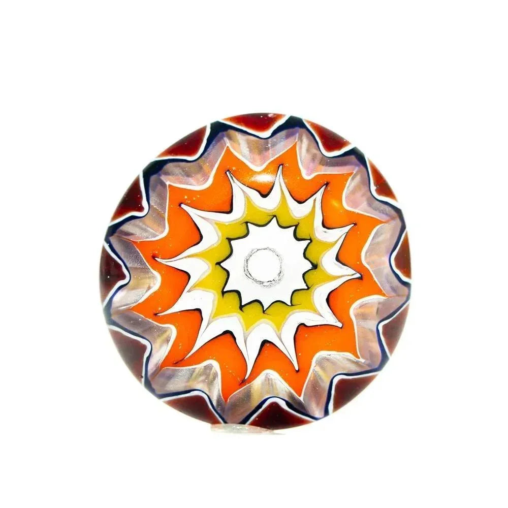 Handcrafted glass lentil bead with chevron pattern in chartreuse, orange, yellow, and white.