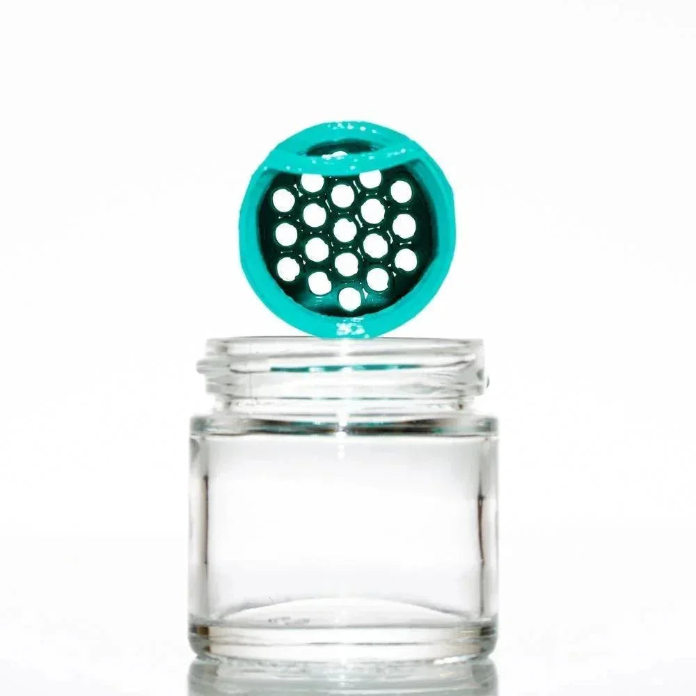 Clear glass jar with teal perforated insert, ideal for pearl or accessory washing