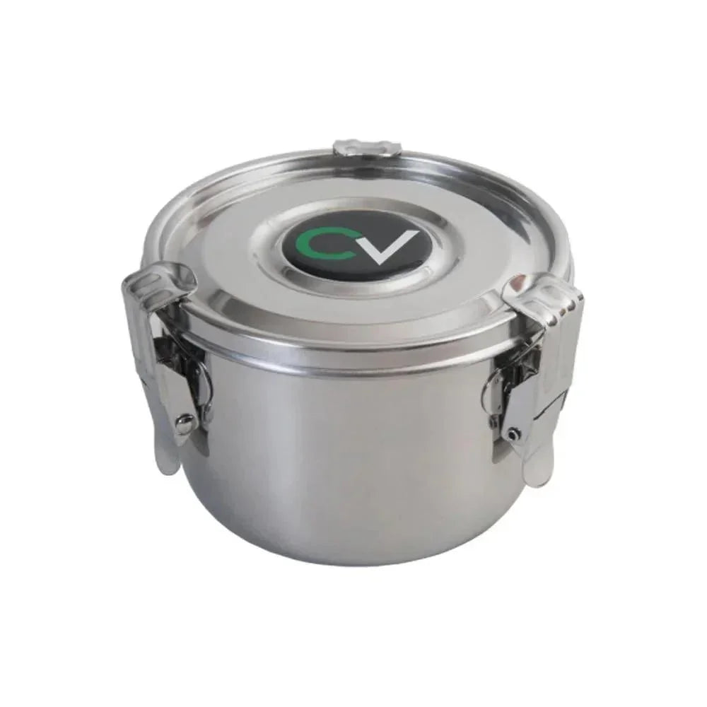 Large stainless steel storage container with airtight lid and CV logo, isolated on white