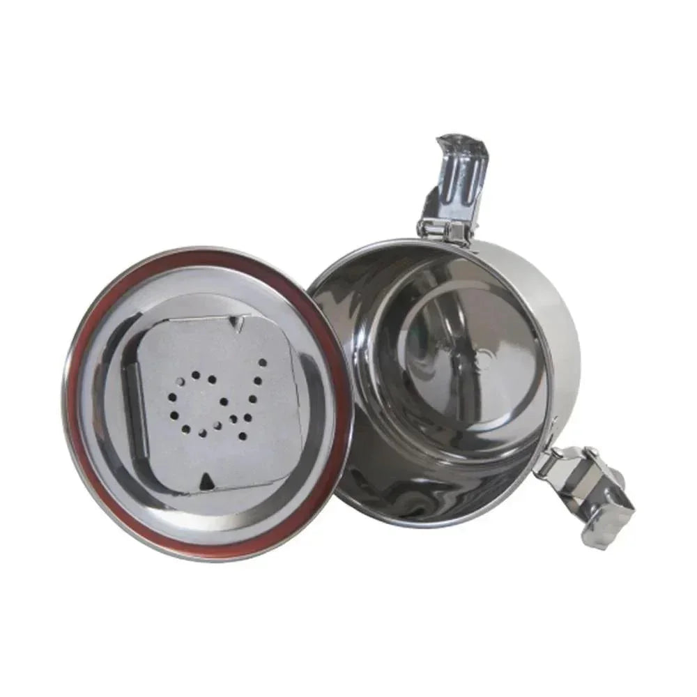 Stainless steel airtight storage container with open lid and locking mechanism