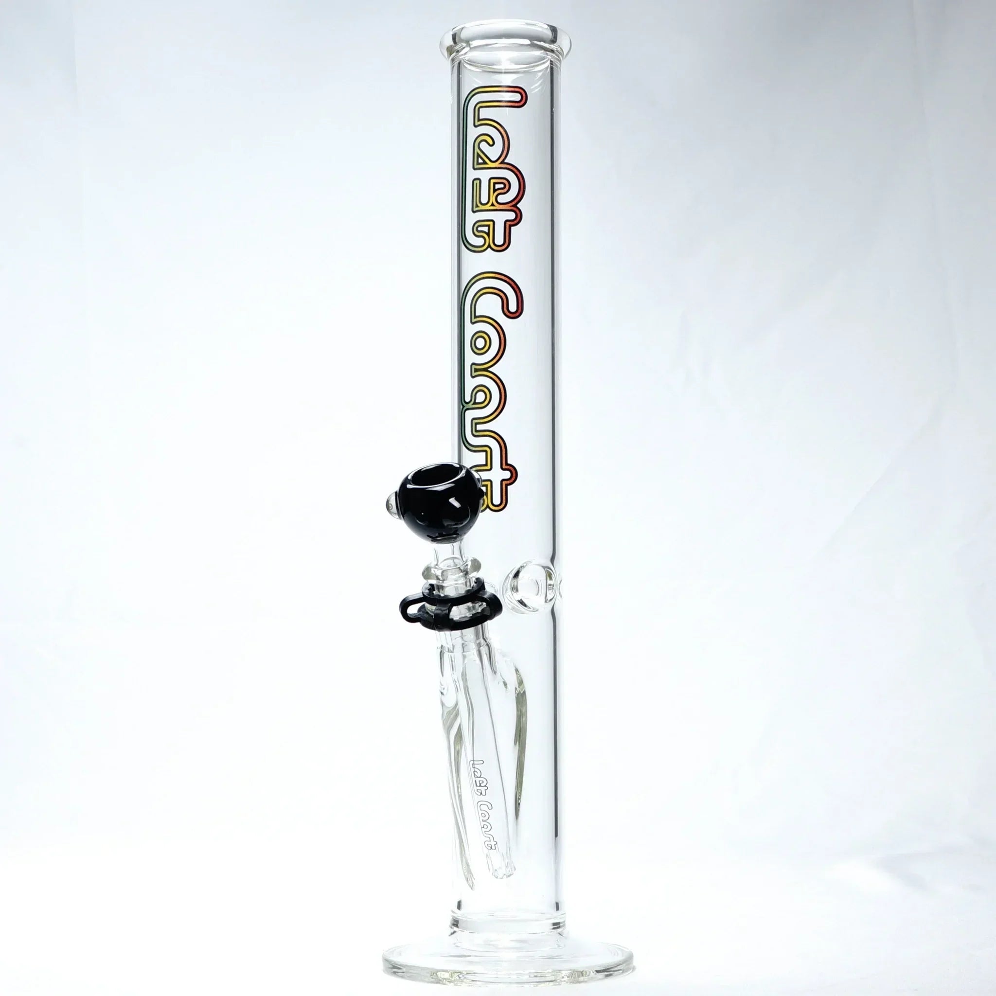 Clear glass water pipe with straight tube design, black bowl, and colorful logo decal.