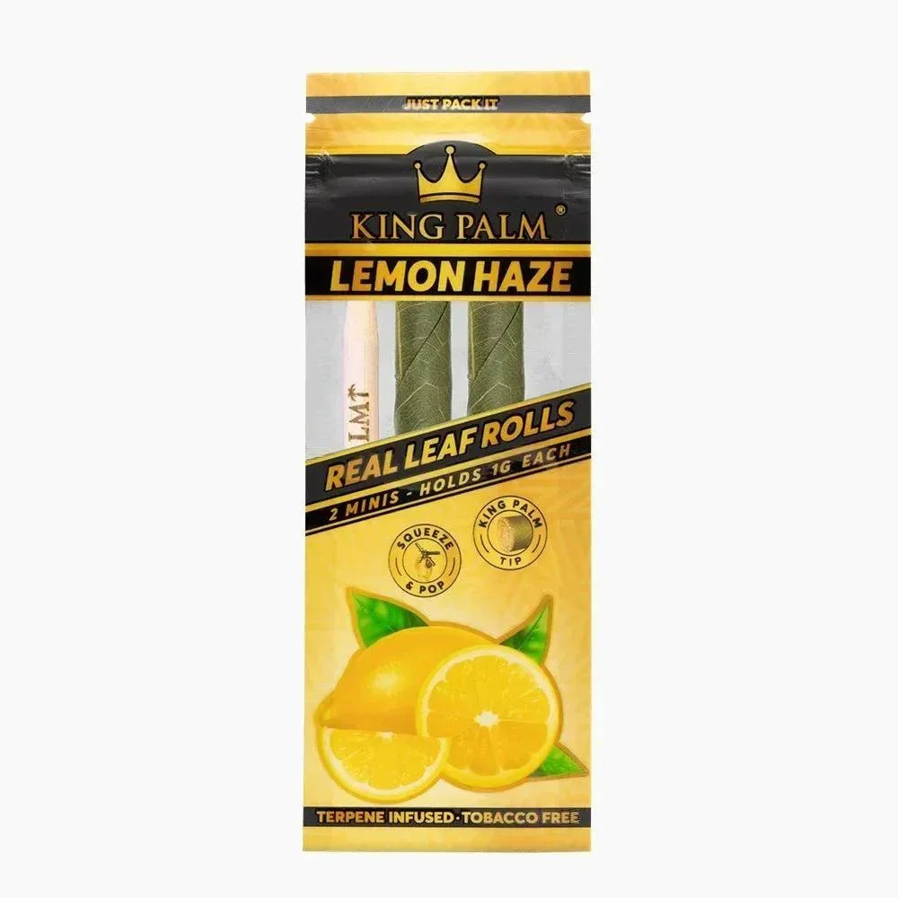 King Palm Lemon Haze real leaf rolls 2-pack, tobacco free, terpene infused, yellow packaging with lemon illustration.