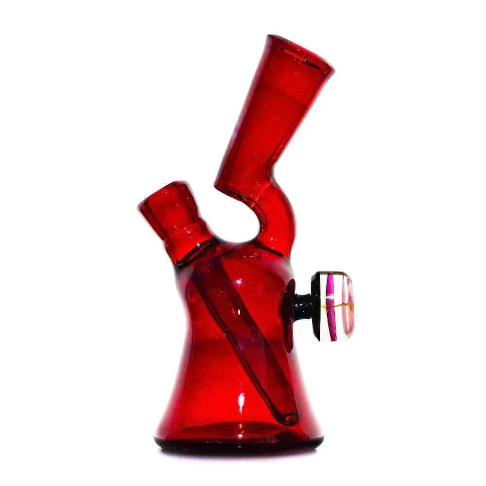 Red glass water pipe with unique hunchback shape and fumed glass marble accent