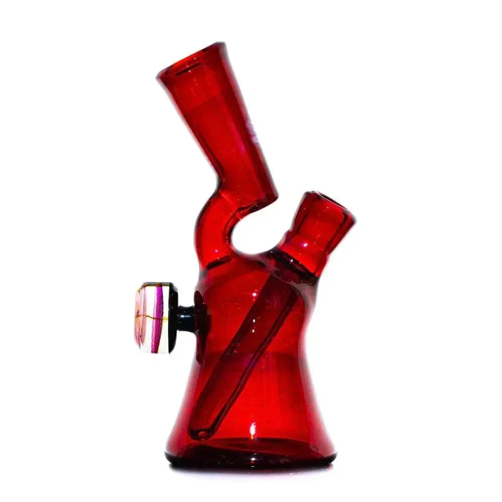 Red glass water pipe with angled mouthpiece and decorative side detail on white background