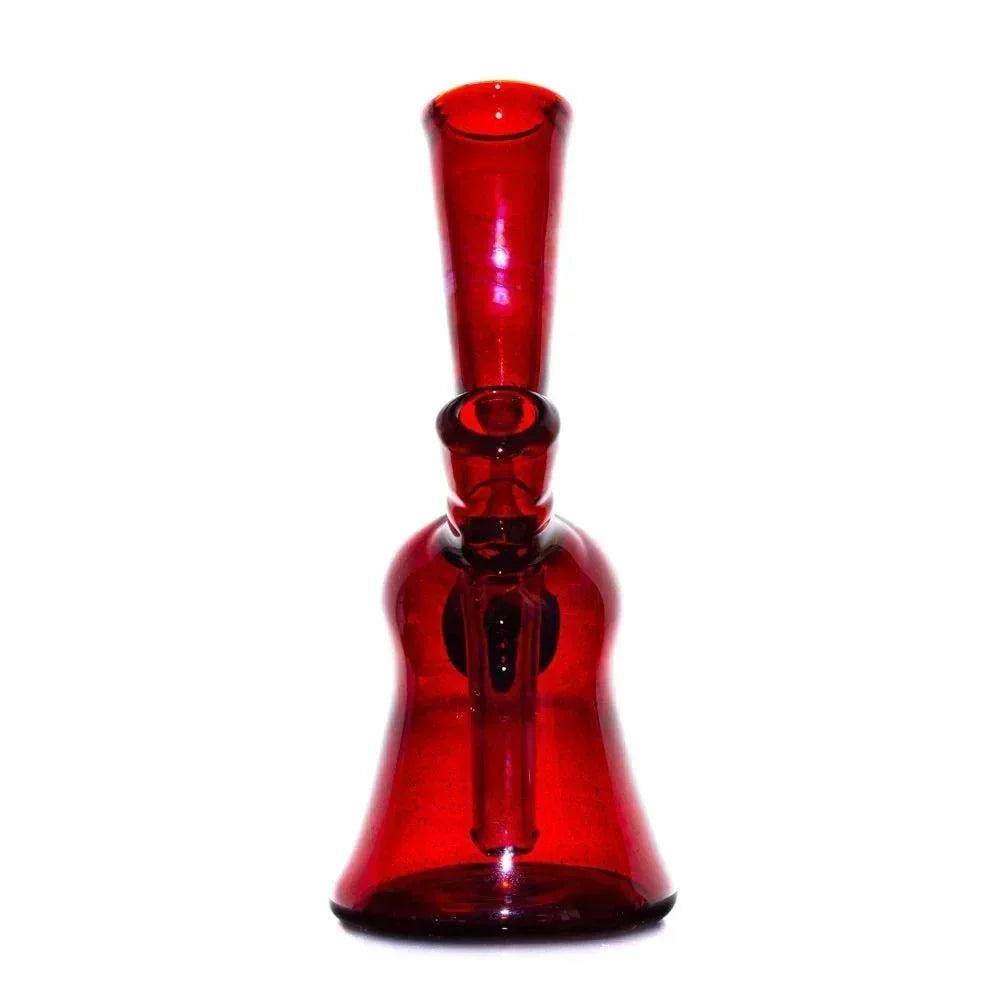 Handblown red glass water pipe with flared base on white background