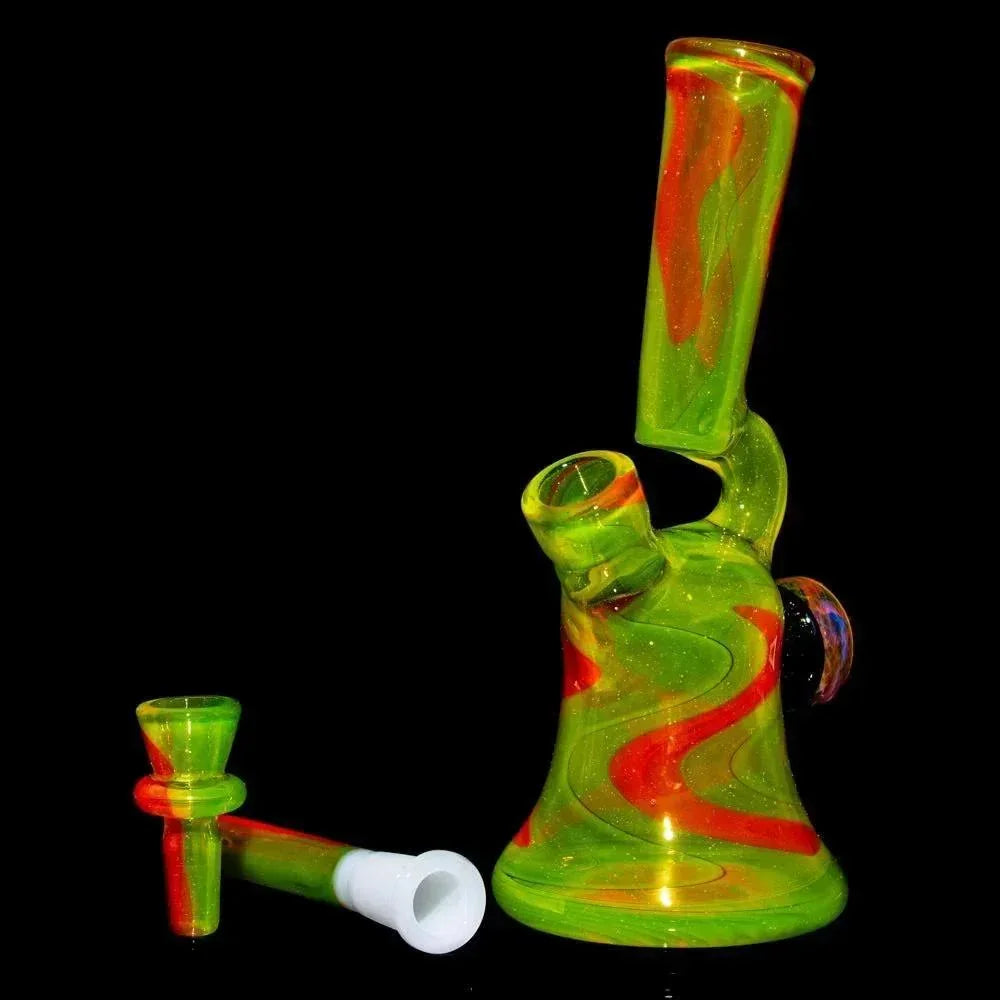 Vibrant lime and orange glass water pipe with matching bowl piece on black background