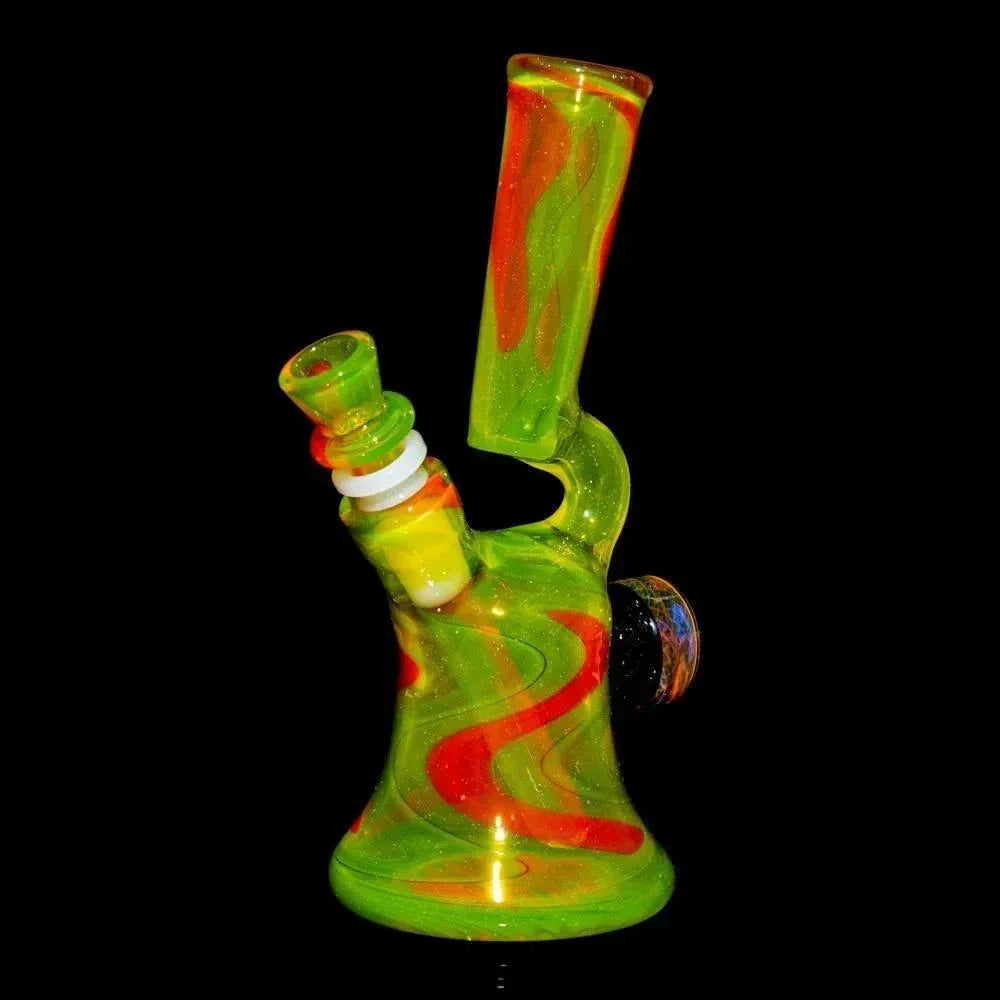 Colorful glass water pipe with lime green and orange swirls on black background