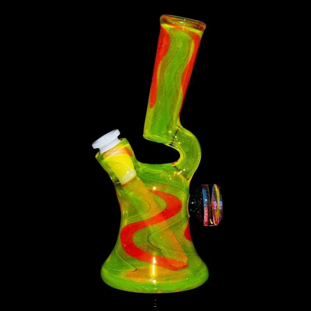 Colorful lime and orange glass water pipe with unique wavy design on black background