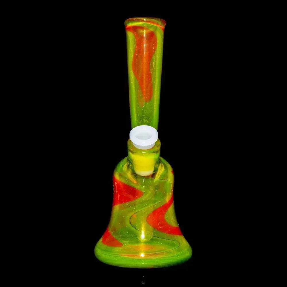 Colorful glass water pipe with lime green, yellow, and orange swirls on black background