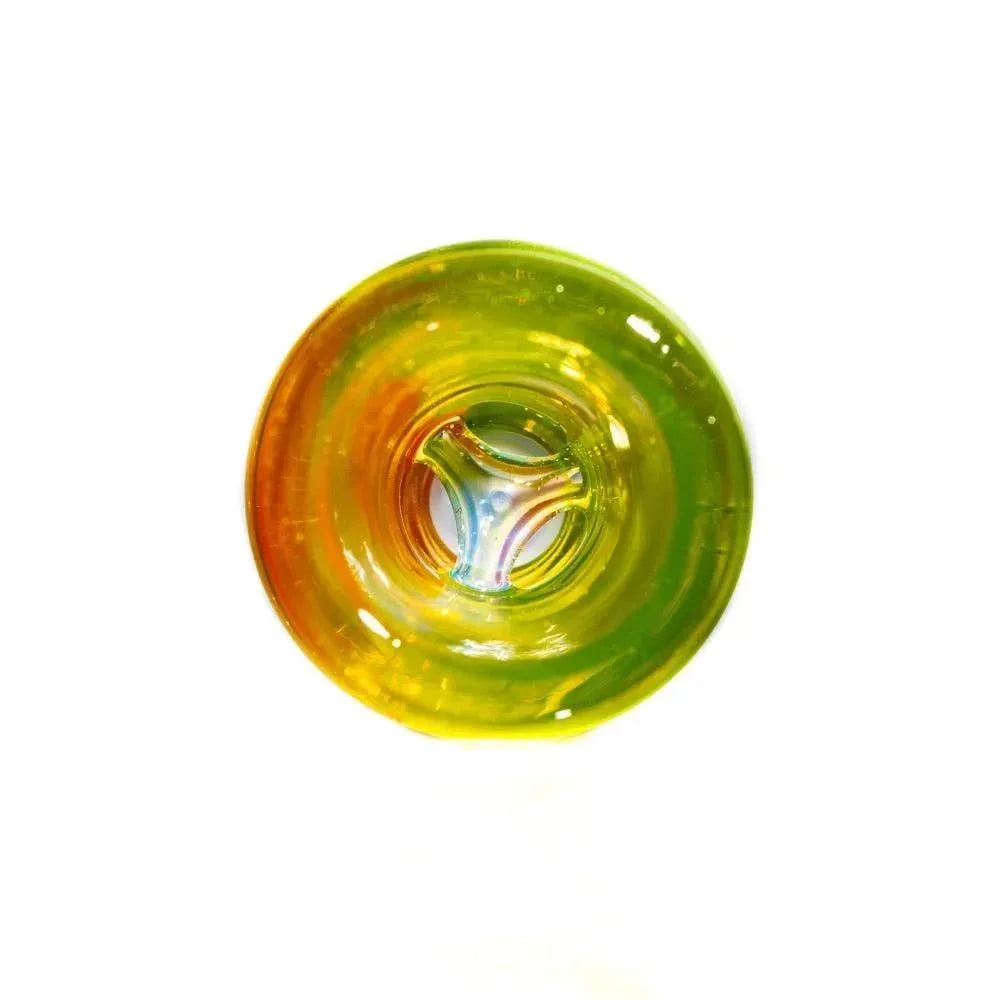 Lime and yellow heady glass pipe with intricate design and wide circular mouthpiece