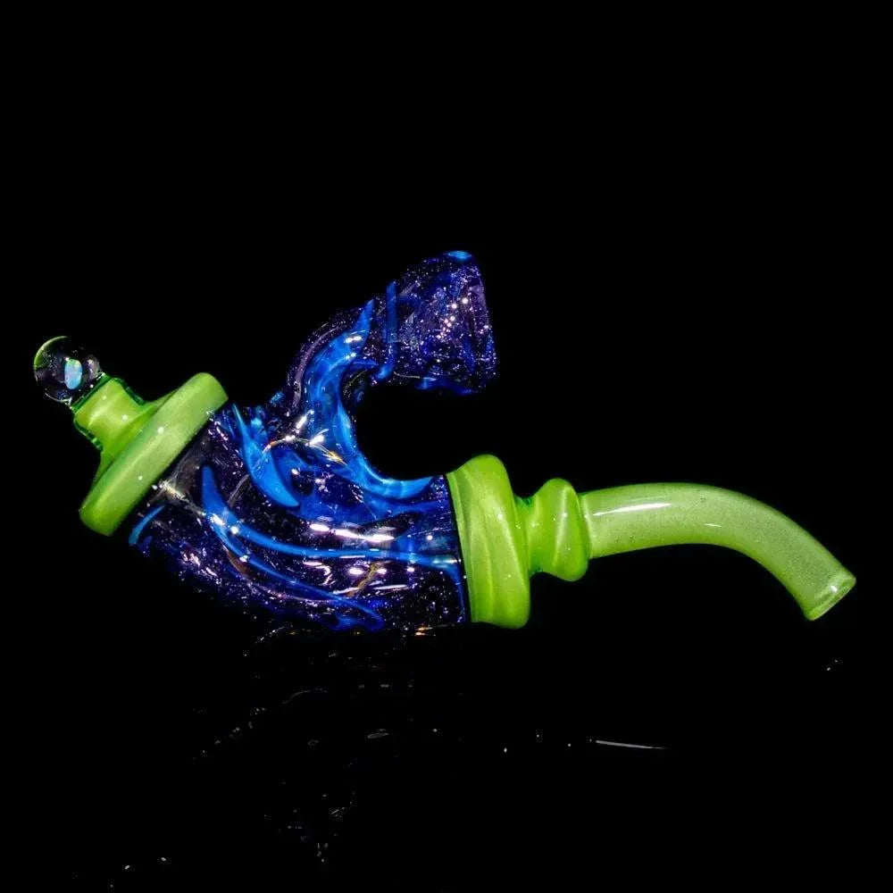 Handcrafted glass pipe with vibrant blue, green, and purple accents on a black background.