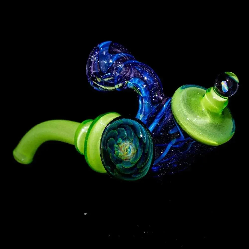 Hand-blown glass pipe with lime green, white, and blue colors, spiral design, on black background