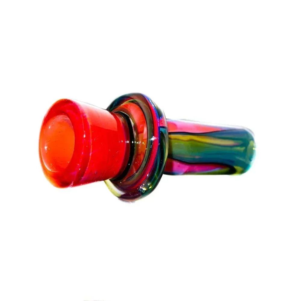 Colorful hand-blown glass pipe with pink and green swirls on a white background