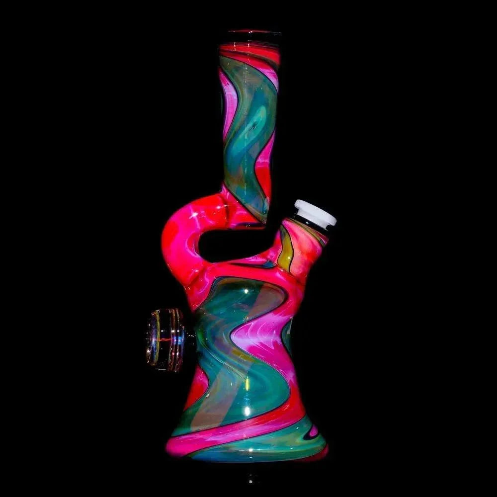 Colorful glass water pipe with swirling pink, green, and yellow marble patterns