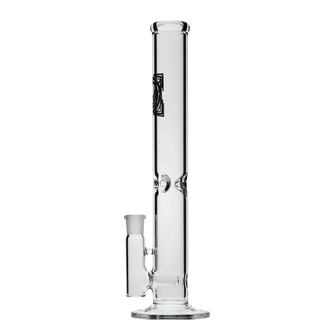 Clear glass stemline water pipe with wide base and side joint on white background