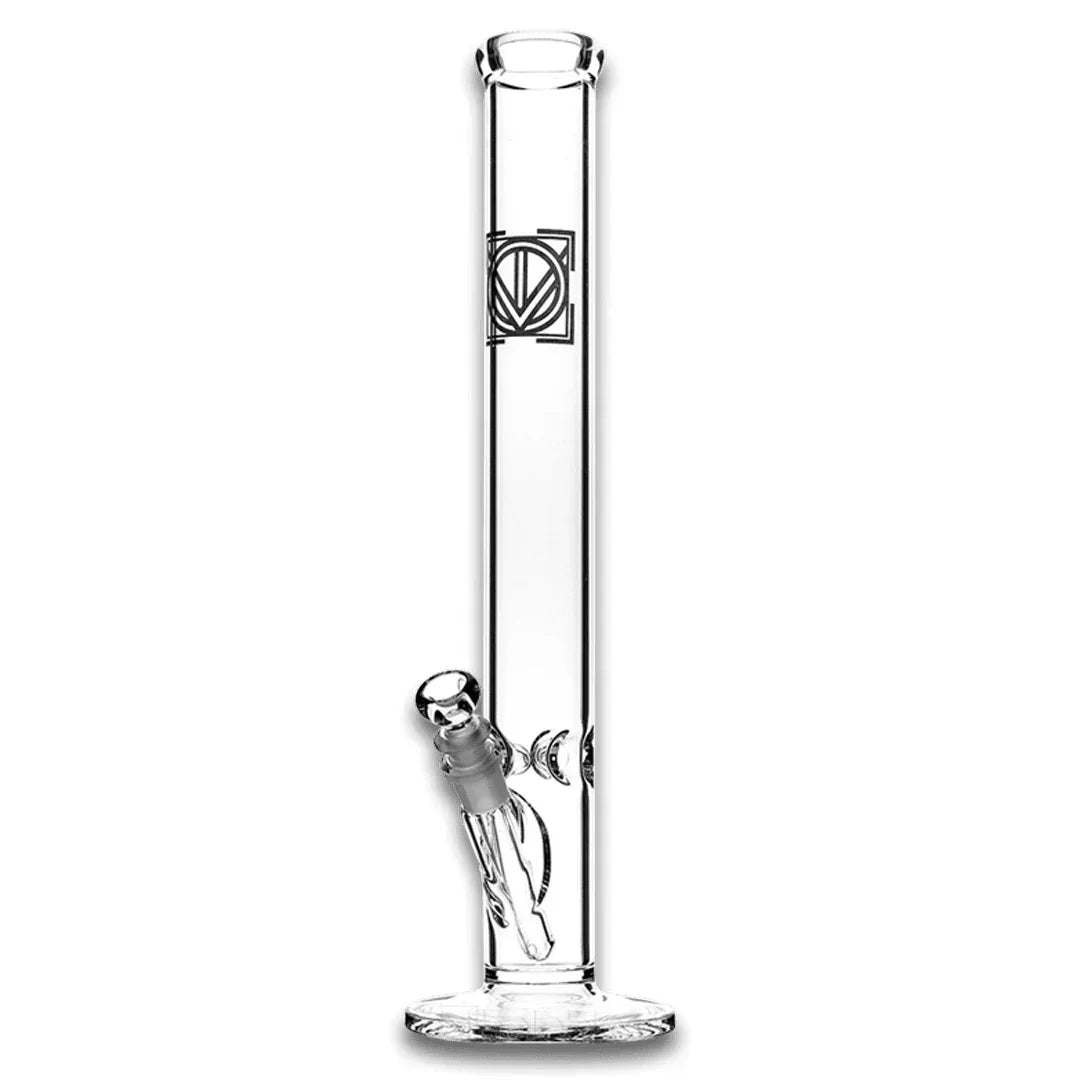 Clear straight glass water pipe with round base and geometric logo, cannabis accessory