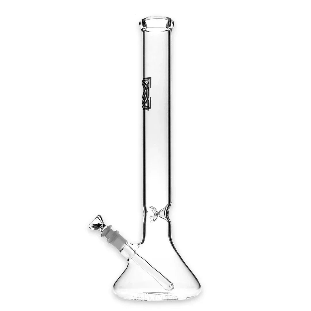 Clear glass beaker bong with straight tube and removable downstem on white background