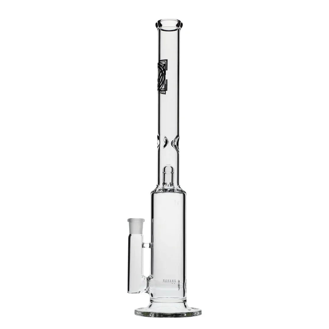 Clear glass water pipe with gridline percolator and straight tube design on white background