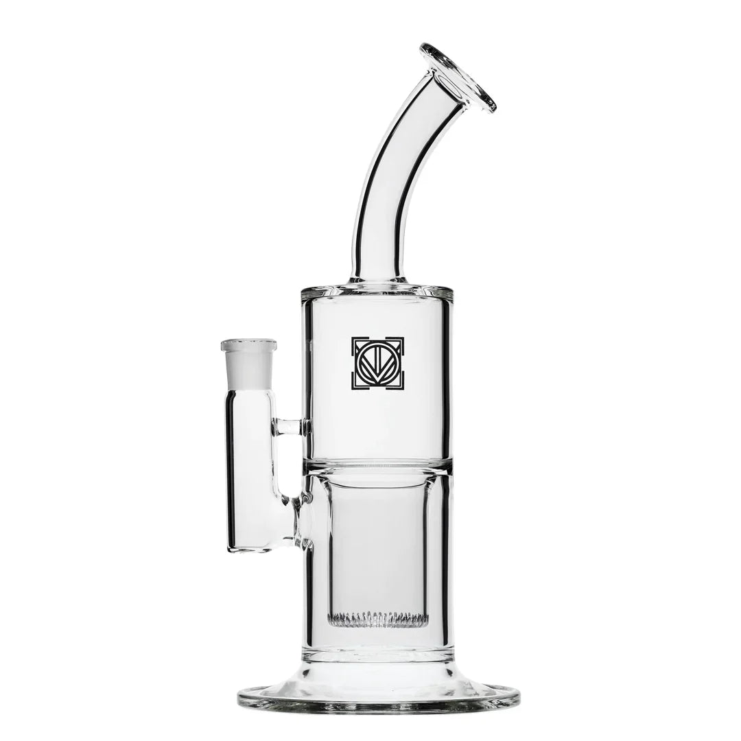Clear glass bent neck water pipe with percolator and geometric logo on chamber