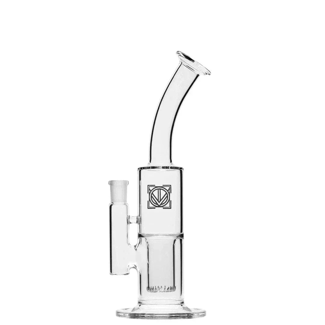 Clear glass micro shower water pipe with bent neck and side joint on white background