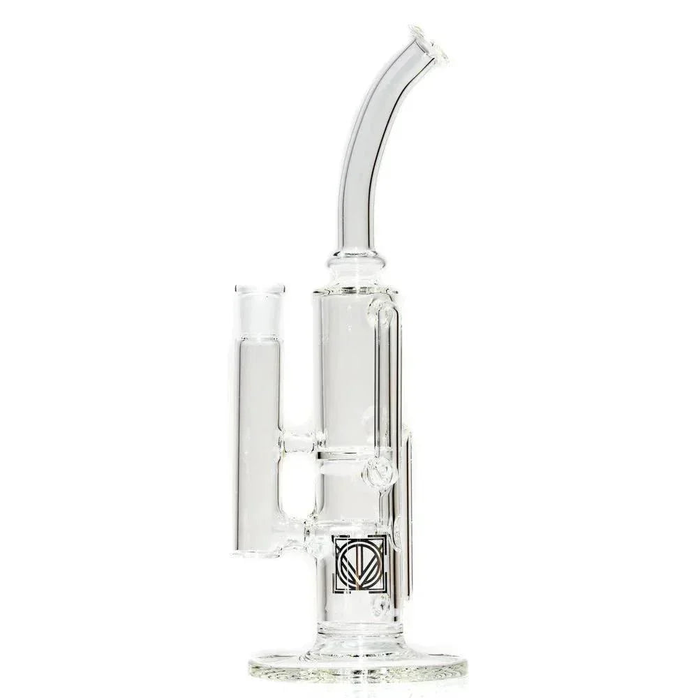 Clear glass recycler water pipe with angled mouthpiece and geometric accents