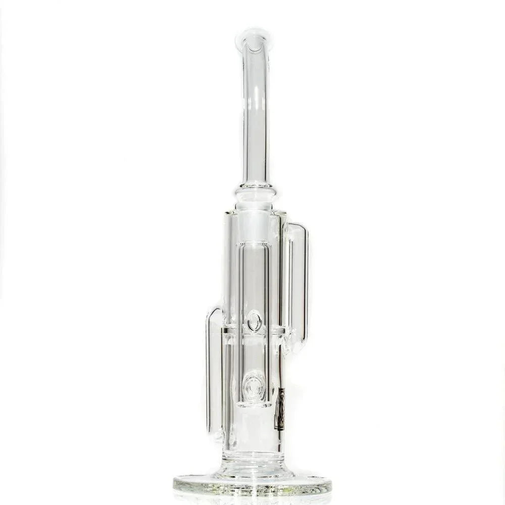 Clear glass recycler water pipe with cylindrical chambers and upright mouthpiece on white background